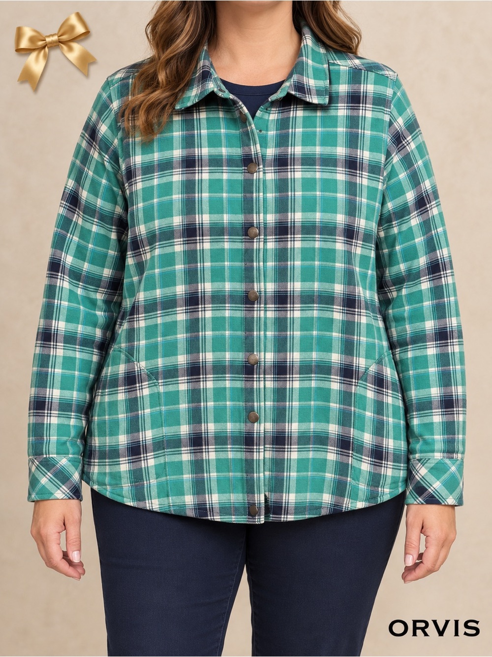 Orvis Women’s Green Plaid Fleece Lined Flannel Shirt Jacket Shacket L